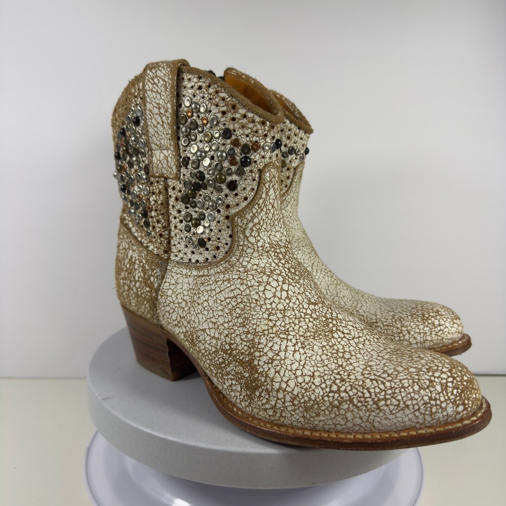 FRYE Deborah Studded Boots Womens Short Cowboy Western Crackle Gold Leather 7 M - Picture 4 of 15